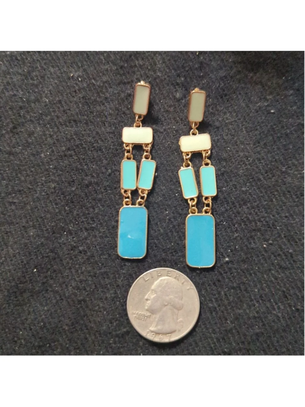 Kate Spade Gold Tone Blue Enamel Rectangle Dangle Drop Statement Earrings